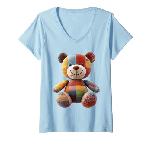 Damen süßer Vintage Teddybär in Patchwork Style Klamotten Kids T-Shirt mit V-Ausschnitt Damen süßer Vintage Teddybär in Patchwork Style Klamotten Kids T-Shirt mit V-Ausschnitt von coole Bären in fleckigen Werktags Ouftits