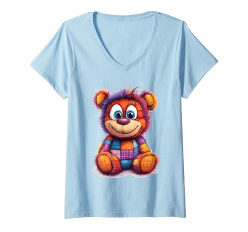 Damen süßer Vintage Teddybär in Patchwork Style Klamotten Kids T-Shirt mit V-Ausschnitt Damen süßer Vintage Teddybär in Patchwork Style Klamotten Kids T-Shirt mit V-Ausschnitt von coole Bären in fleckigen Werktags Ouftits