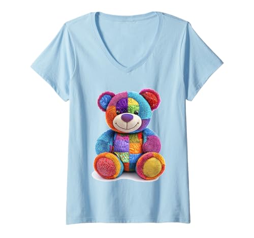 Damen süßer Vintage Teddybär in Patchwork Style Klamotten Kids T-Shirt mit V-Ausschnitt Damen süßer Vintage Teddybär in Patchwork Style Klamotten Kids T-Shirt mit V-Ausschnitt von coole Bären in fleckigen Werktags Ouftits