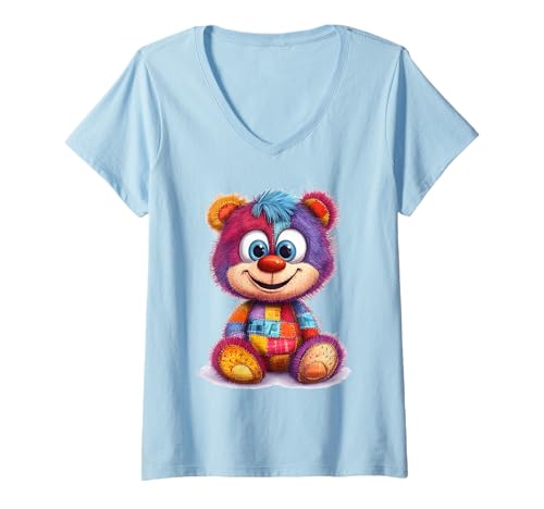 Damen süßer Vintage Teddybär in Patchwork Style Klamotten Kids T-Shirt mit V-Ausschnitt Damen süßer Vintage Teddybär in Patchwork Style Klamotten Kids T-Shirt mit V-Ausschnitt von coole Bären in fleckigen Werktags Ouftits