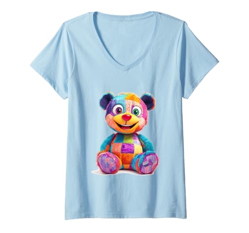 Damen süßer Vintage Teddybär in Patchwork Style Klamotten Kids T-Shirt mit V-Ausschnitt Damen süßer Vintage Teddybär in Patchwork Style Klamotten Kids T-Shirt mit V-Ausschnitt von coole Bären in fleckigen Werktags Ouftits