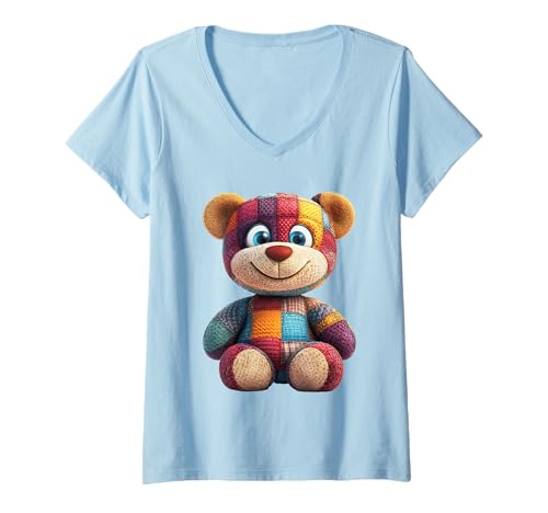 Damen süßer Vintage Teddybär in Patchwork Style Klamotten Kids T-Shirt mit V-Ausschnitt Damen süßer Vintage Teddybär in Patchwork Style Klamotten Kids T-Shirt mit V-Ausschnitt von coole Bären in fleckigen Werktags Ouftits