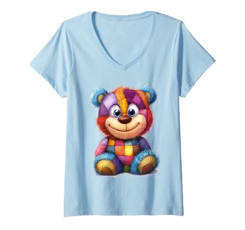 Damen süßer Vintage Teddybär in Patchwork Style Klamotten Kids T-Shirt mit V-Ausschnitt Damen süßer Vintage Teddybär in Patchwork Style Klamotten Kids T-Shirt mit V-Ausschnitt von coole Bären in fleckigen Werktags Ouftits