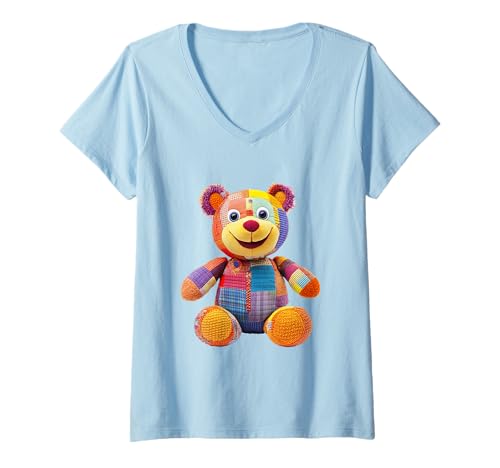 Damen süßer Vintage Teddybär in Patchwork Style Klamotten Kids T-Shirt mit V-Ausschnitt Damen süßer Vintage Teddybär in Patchwork Style Klamotten Kids T-Shirt mit V-Ausschnitt von coole Bären in fleckigen Werktags Ouftits
