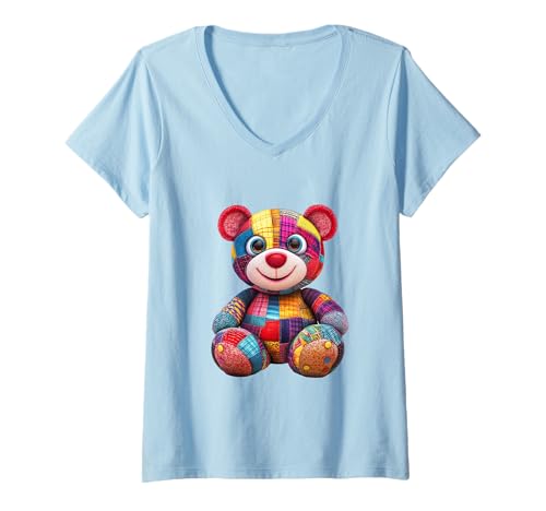Damen süßer Vintage Teddybär in Patchwork Style Klamotten Kids T-Shirt mit V-Ausschnitt Damen süßer Vintage Teddybär in Patchwork Style Klamotten Kids T-Shirt mit V-Ausschnitt von coole Bären in fleckigen Werktags Ouftits