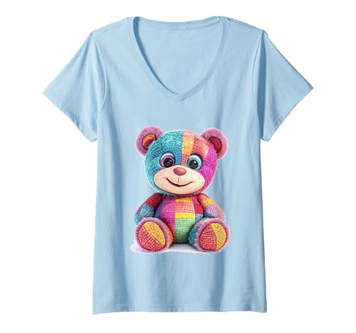 Damen süßer Vintage Teddybär in Patchwork Style Klamotten Kids T-Shirt mit V-Ausschnitt Damen süßer Vintage Teddybär in Patchwork Style Klamotten Kids T-Shirt mit V-Ausschnitt von coole Bären in fleckigen Werktags Ouftits