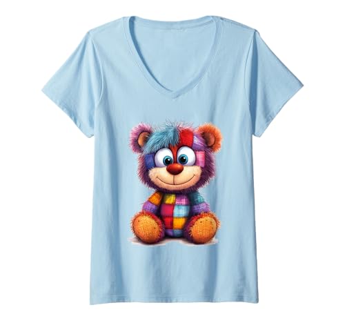 Damen süßer Vintage Teddybär in Patchwork Style Klamotten Kids T-Shirt mit V-Ausschnitt Damen süßer Vintage Teddybär in Patchwork Style Klamotten Kids T-Shirt mit V-Ausschnitt von coole Bären in fleckigen Werktags Ouftits