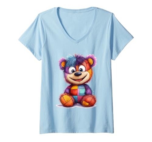 Damen süßer Vintage Teddybär in Patchwork Style Klamotten Kids T-Shirt mit V-Ausschnitt Damen süßer Vintage Teddybär in Patchwork Style Klamotten Kids T-Shirt mit V-Ausschnitt von coole Bären in fleckigen Werktags Ouftits