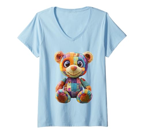 Damen süßer Vintage Teddybär in Patchwork Style Klamotten Kids T-Shirt mit V-Ausschnitt Damen süßer Vintage Teddybär in Patchwork Style Klamotten Kids T-Shirt mit V-Ausschnitt von coole Bären in fleckigen Werktags Ouftits