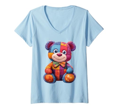 Damen süßer Vintage Teddybär in Patchwork Style Klamotten Kids T-Shirt mit V-Ausschnitt Damen süßer Vintage Teddybär in Patchwork Style Klamotten Kids T-Shirt mit V-Ausschnitt von coole Bären in fleckigen Werktags Ouftits
