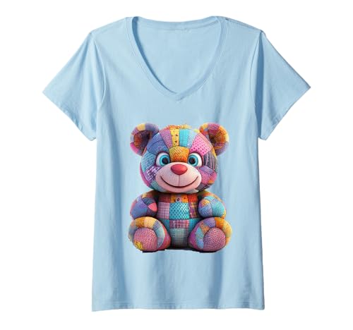 Damen süßer Vintage Teddybär in Patchwork Style Klamotten Kids T-Shirt mit V-Ausschnitt Damen süßer Vintage Teddybär in Patchwork Style Klamotten Kids T-Shirt mit V-Ausschnitt von coole Bären in fleckigen Werktags Ouftits