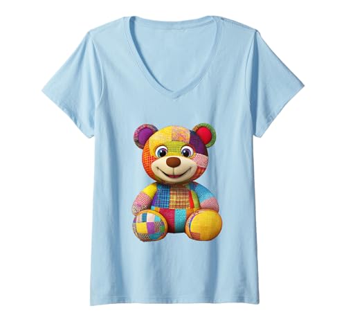 Damen süßer Vintage Teddybär in Patchwork Style Klamotten Kids T-Shirt mit V-Ausschnitt Damen süßer Vintage Teddybär in Patchwork Style Klamotten Kids T-Shirt mit V-Ausschnitt von coole Bären in fleckigen Werktags Ouftits
