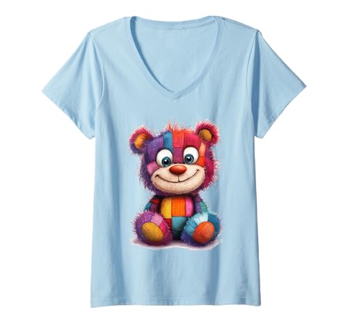 Damen süßer Vintage Teddybär in Patchwork Style Klamotten Kids T-Shirt mit V-Ausschnitt Damen süßer Vintage Teddybär in Patchwork Style Klamotten Kids T-Shirt mit V-Ausschnitt von coole Bären in fleckigen Werktags Ouftits
