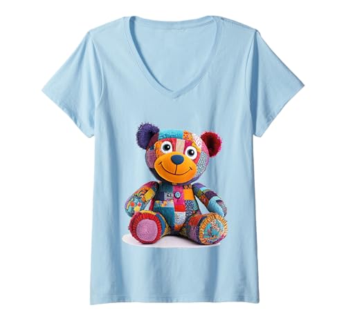 Damen süßer Vintage Teddybär in Patchwork Style Klamotten Kids T-Shirt mit V-Ausschnitt Damen süßer Vintage Teddybär in Patchwork Style Klamotten Kids T-Shirt mit V-Ausschnitt von coole Bären in fleckigen Werktags Ouftits