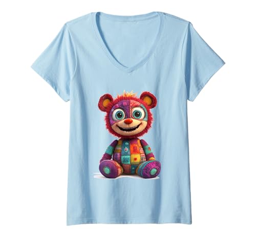 Damen süßer Vintage Teddybär in Patchwork Style Klamotten Kids T-Shirt mit V-Ausschnitt Damen süßer Vintage Teddybär in Patchwork Style Klamotten Kids T-Shirt mit V-Ausschnitt von coole Bären in fleckigen Werktags Ouftits