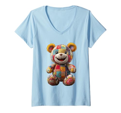 Damen süßer Vintage Teddybär in Patchwork Style Klamotten Kids T-Shirt mit V-Ausschnitt Damen süßer Vintage Teddybär in Patchwork Style Klamotten Kids T-Shirt mit V-Ausschnitt von coole Bären in fleckigen Werktags Ouftits