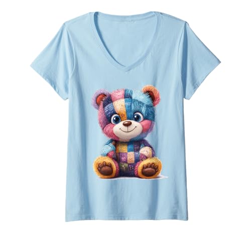 Damen süßer Vintage Teddybär in Patchwork Style Klamotten Kids T-Shirt mit V-Ausschnitt Damen süßer Vintage Teddybär in Patchwork Style Klamotten Kids T-Shirt mit V-Ausschnitt von coole Bären in fleckigen Werktags Ouftits