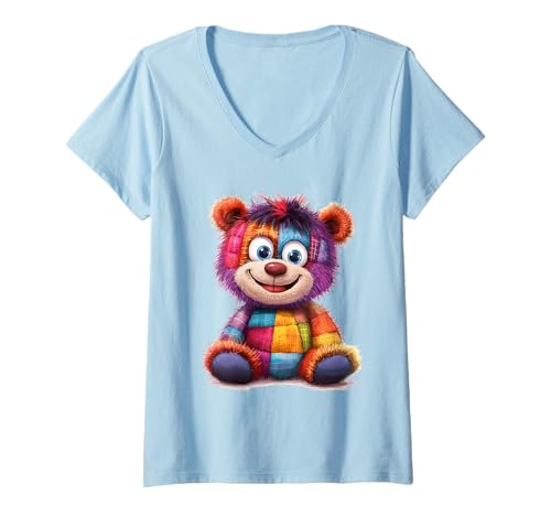 Damen süßer Vintage Teddybär in Patchwork Style Klamotten Kids T-Shirt mit V-Ausschnitt Damen süßer Vintage Teddybär in Patchwork Style Klamotten Kids T-Shirt mit V-Ausschnitt von coole Bären in fleckigen Werktags Ouftits