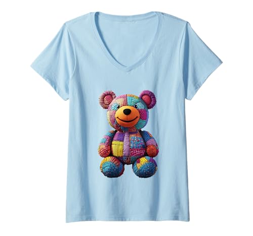 Damen süßer Vintage Teddybär in Patchwork Style Klamotten Kids T-Shirt mit V-Ausschnitt Damen süßer Vintage Teddybär in Patchwork Style Klamotten Kids T-Shirt mit V-Ausschnitt von coole Bären in fleckigen Werktags Ouftits