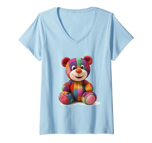 Damen süßer Vintage Teddybär in Patchwork Style Klamotten Kids T-Shirt mit V-Ausschnitt Damen süßer Vintage Teddybär in Patchwork Style Klamotten Kids T-Shirt mit V-Ausschnitt von coole Bären in fleckigen Werktags Ouftits