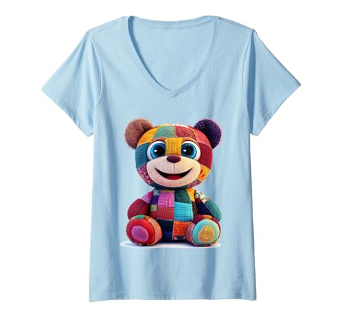 Damen süßer Vintage Teddybär in Patchwork Style Klamotten Kids T-Shirt mit V-Ausschnitt Damen süßer Vintage Teddybär in Patchwork Style Klamotten Kids T-Shirt mit V-Ausschnitt von coole Bären in fleckigen Werktags Ouftits