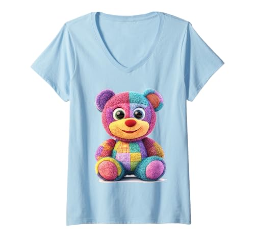 Damen süßer Vintage Teddybär in Patchwork Style Klamotten Kids T-Shirt mit V-Ausschnitt Damen süßer Vintage Teddybär in Patchwork Style Klamotten Kids T-Shirt mit V-Ausschnitt von coole Bären in fleckigen Werktags Ouftits
