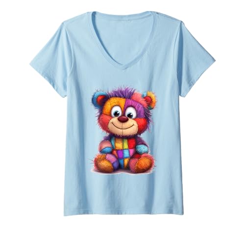 Damen süßer Vintage Teddybär in Patchwork Style Klamotten Kids T-Shirt mit V-Ausschnitt Damen süßer Vintage Teddybär in Patchwork Style Klamotten Kids T-Shirt mit V-Ausschnitt von coole Bären in fleckigen Werktags Ouftits