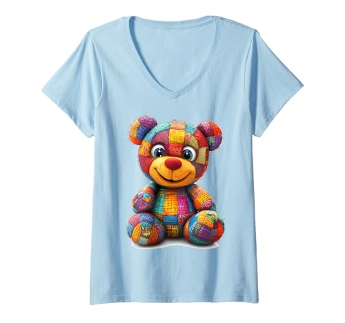 Damen süßer Vintage Teddybär in Patchwork Style Klamotten Kids T-Shirt mit V-Ausschnitt Damen süßer Vintage Teddybär in Patchwork Style Klamotten Kids T-Shirt mit V-Ausschnitt von coole Bären in fleckigen Werktags Ouftits