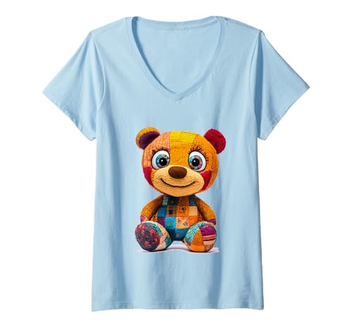 Damen süßer Vintage Teddybär in Patchwork Style Klamotten Kids T-Shirt mit V-Ausschnitt Damen süßer Vintage Teddybär in Patchwork Style Klamotten Kids T-Shirt mit V-Ausschnitt von coole Bären in fleckigen Werktags Ouftits