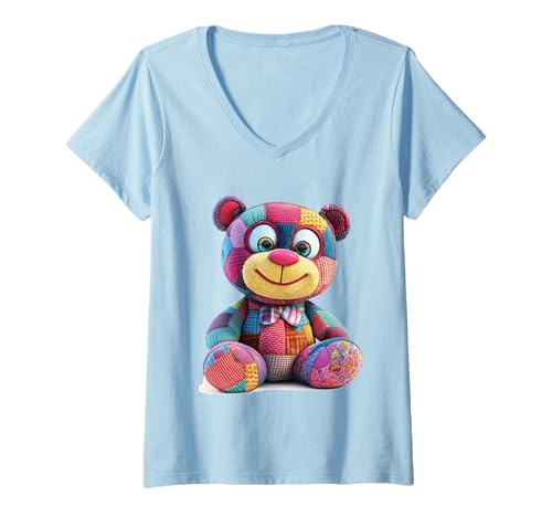 Damen süßer Vintage Teddybär in Patchwork Style Klamotten Kids T-Shirt mit V-Ausschnitt Damen süßer Vintage Teddybär in Patchwork Style Klamotten Kids T-Shirt mit V-Ausschnitt von coole Bären in fleckigen Werktags Ouftits
