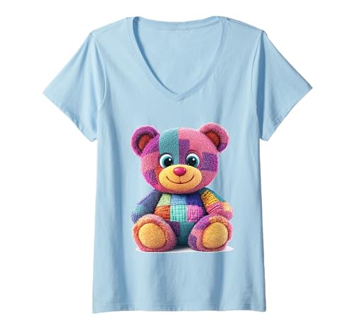 Damen süßer Vintage Teddybär in Patchwork Style Klamotten Kids T-Shirt mit V-Ausschnitt Damen süßer Vintage Teddybär in Patchwork Style Klamotten Kids T-Shirt mit V-Ausschnitt von coole Bären in fleckigen Werktags Ouftits