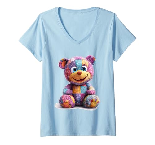 Damen süßer Vintage Teddybär in Patchwork Style Klamotten Kids T-Shirt mit V-Ausschnitt Damen süßer Vintage Teddybär in Patchwork Style Klamotten Kids T-Shirt mit V-Ausschnitt von coole Bären in fleckigen Werktags Ouftits