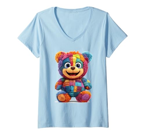 Damen süßer Vintage Teddybär in Patchwork Style Klamotten Kids T-Shirt mit V-Ausschnitt Damen süßer Vintage Teddybär in Patchwork Style Klamotten Kids T-Shirt mit V-Ausschnitt von coole Bären in fleckigen Werktags Ouftits