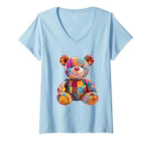Damen süßer Vintage Teddybär in Patchwork Style Klamotten Kids T-Shirt mit V-Ausschnitt Damen süßer Vintage Teddybär in Patchwork Style Klamotten Kids T-Shirt mit V-Ausschnitt von coole Bären in fleckigen Werktags Ouftits