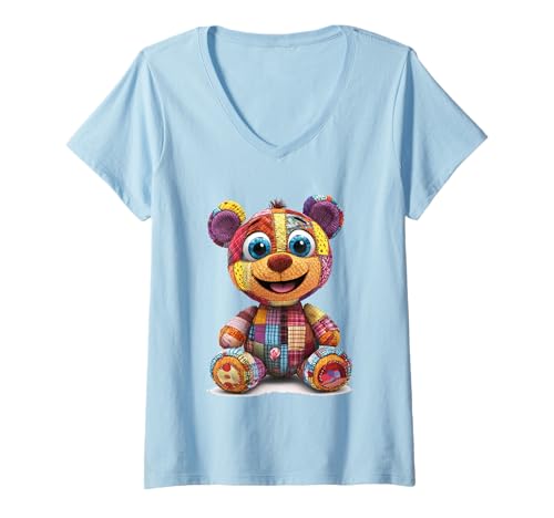 Damen süßer Vintage Teddybär in Patchwork Style Klamotten Kids T-Shirt mit V-Ausschnitt Damen süßer Vintage Teddybär in Patchwork Style Klamotten Kids T-Shirt mit V-Ausschnitt von coole Bären in fleckigen Werktags Ouftits