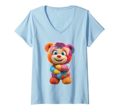 Damen süßer Vintage Teddybär in Patchwork Style Klamotten Kids T-Shirt mit V-Ausschnitt Damen süßer Vintage Teddybär in Patchwork Style Klamotten Kids T-Shirt mit V-Ausschnitt von coole Bären in fleckigen Werktags Ouftits