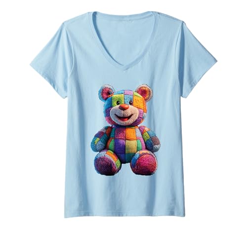 Damen süßer Vintage Teddybär in Patchwork Style Klamotten Kids T-Shirt mit V-Ausschnitt Damen süßer Vintage Teddybär in Patchwork Style Klamotten Kids T-Shirt mit V-Ausschnitt von coole Bären in fleckigen Werktags Ouftits