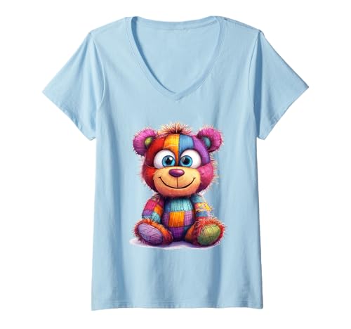 Damen süßer Vintage Teddybär in Patchwork Style Klamotten Kids T-Shirt mit V-Ausschnitt Damen süßer Vintage Teddybär in Patchwork Style Klamotten Kids T-Shirt mit V-Ausschnitt von coole Bären in fleckigen Werktags Ouftits