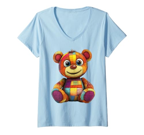 Damen süßer Vintage Teddybär in Patchwork Style Klamotten Kids T-Shirt mit V-Ausschnitt Damen süßer Vintage Teddybär in Patchwork Style Klamotten Kids T-Shirt mit V-Ausschnitt von coole Bären in fleckigen Werktags Ouftits