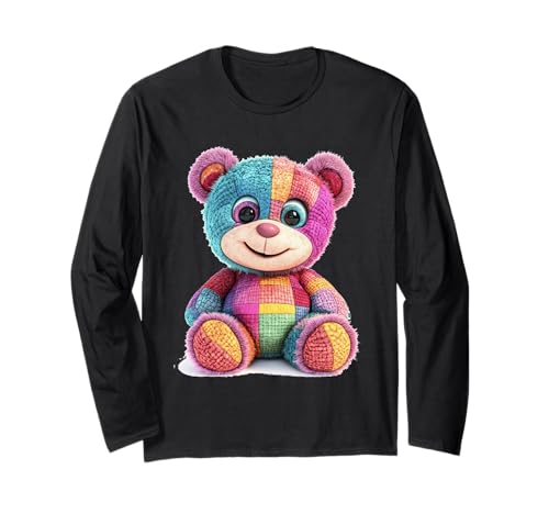 süßer Vintage Teddybär in Patchwork Style Klamotten Kids Langarmshirt von coole Bären in fleckigen Werktags Ouftits