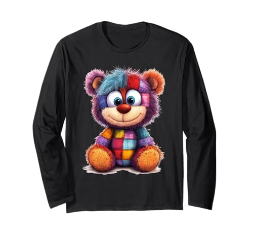 süßer Vintage Teddybär in Patchwork Style Klamotten Kids Langarmshirt von coole Bären in fleckigen Werktags Ouftits
