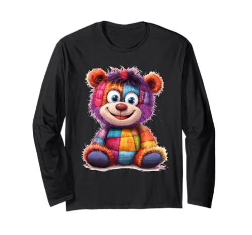 süßer Vintage Teddybär in Patchwork Style Klamotten Kids Langarmshirt von coole Bären in fleckigen Werktags Ouftits