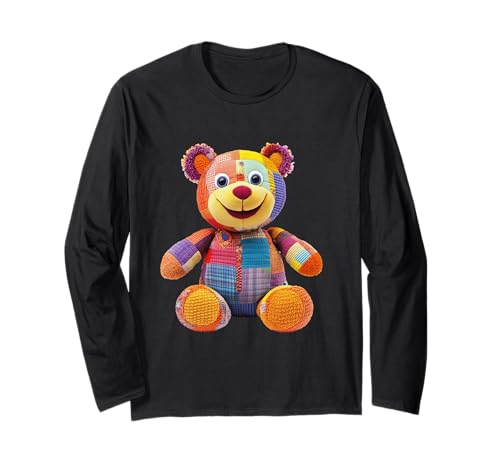 süßer Vintage Teddybär in Patchwork Style Klamotten Kids Langarmshirt von coole Bären in fleckigen Werktags Ouftits