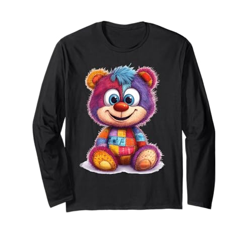 süßer Vintage Teddybär in Patchwork Style Klamotten Kids Langarmshirt von coole Bären in fleckigen Werktags Ouftits
