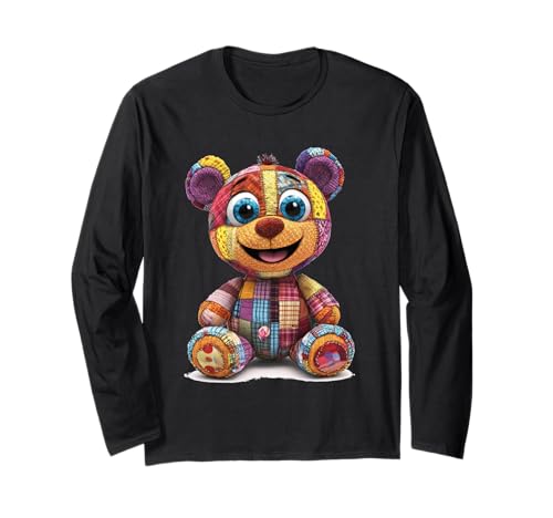 süßer Vintage Teddybär in Patchwork Style Klamotten Kids Langarmshirt von coole Bären in fleckigen Werktags Ouftits