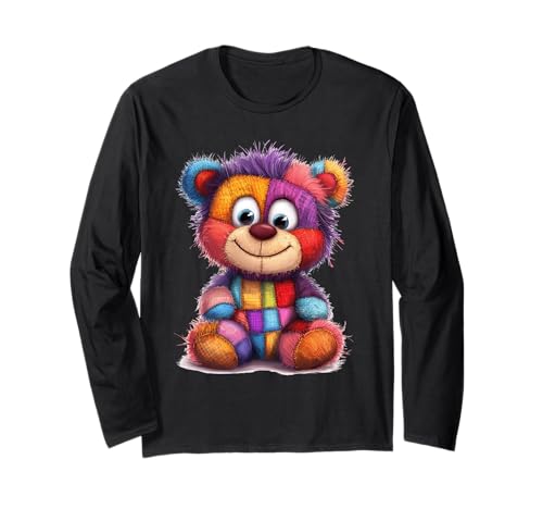 süßer Vintage Teddybär in Patchwork Style Klamotten Kids Langarmshirt von coole Bären in fleckigen Werktags Ouftits