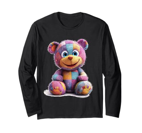 süßer Vintage Teddybär in Patchwork Style Klamotten Kids Langarmshirt von coole Bären in fleckigen Werktags Ouftits