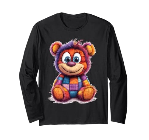 süßer Vintage Teddybär in Patchwork Style Klamotten Kids Langarmshirt von coole Bären in fleckigen Werktags Ouftits