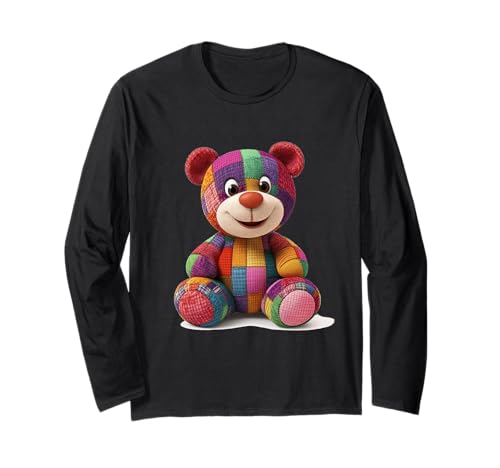süßer Vintage Teddybär in Patchwork Style Klamotten Kids Langarmshirt von coole Bären in fleckigen Werktags Ouftits
