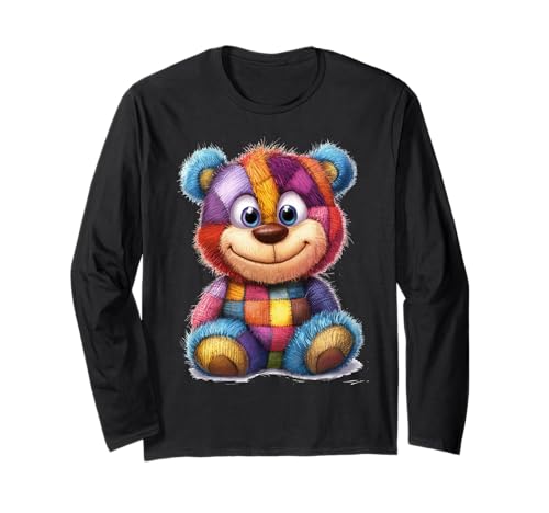 süßer Vintage Teddybär in Patchwork Style Klamotten Kids Langarmshirt von coole Bären in fleckigen Werktags Ouftits